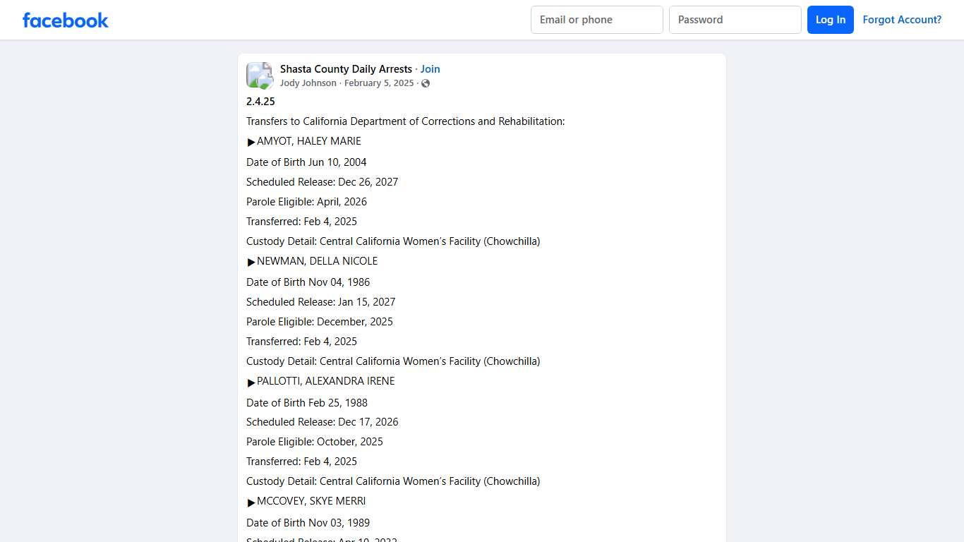 Shasta County Daily Arrests | **2.4.25** | Facebook